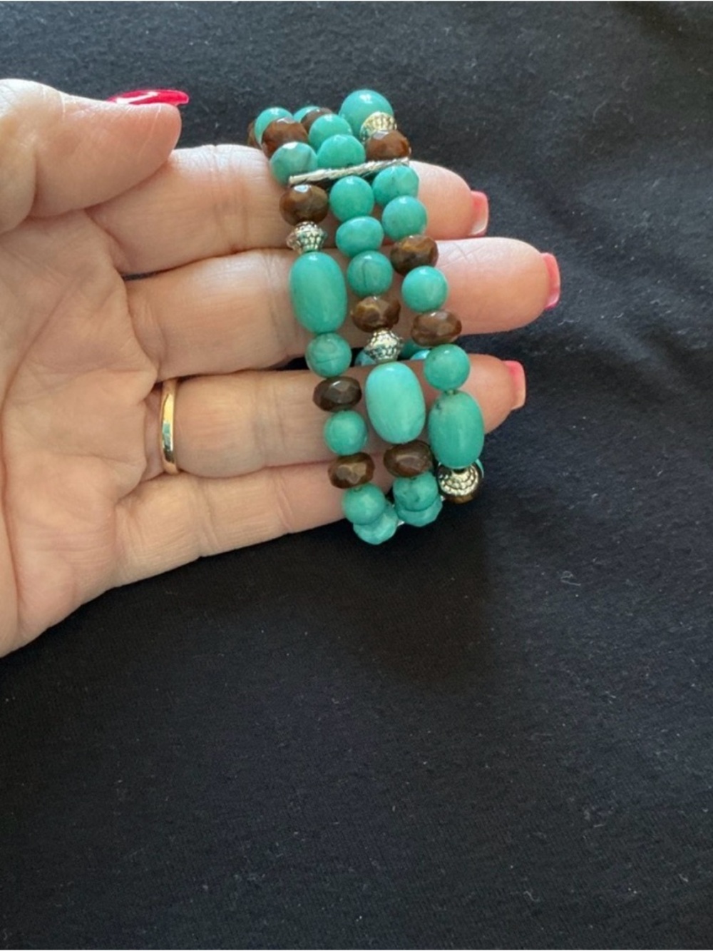 Turquoise and Brown Beaded Stretch Bracelet - Picture 2 of 2